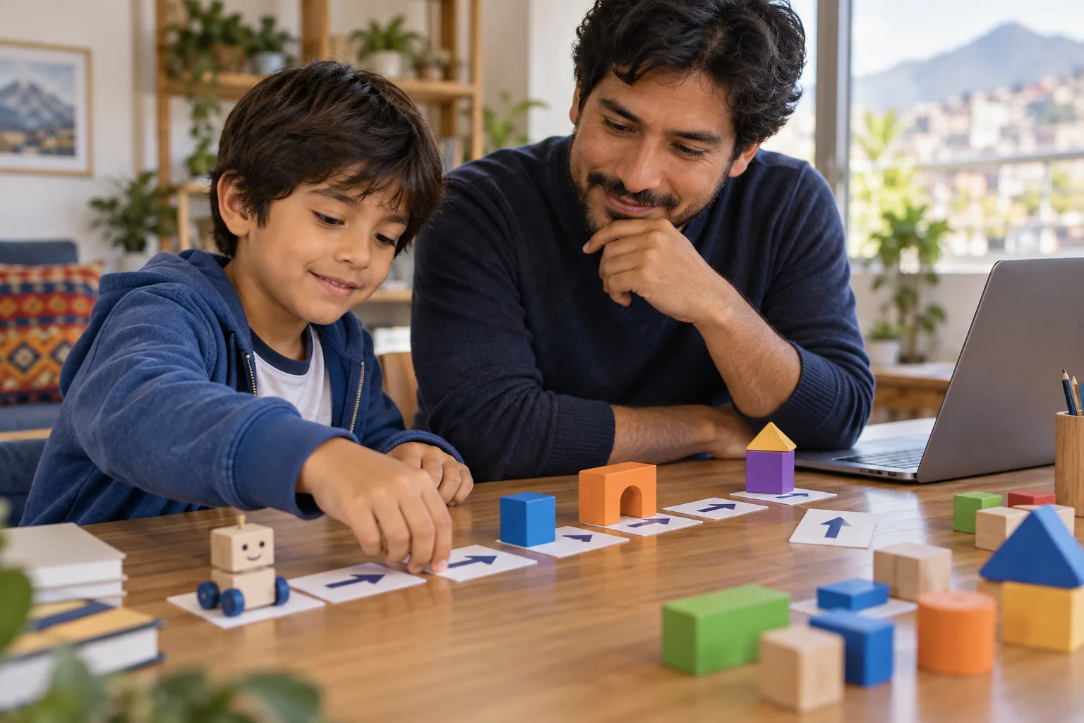 Escena referencial de un padre y su hijo organizando instrucciones con tarjetas.