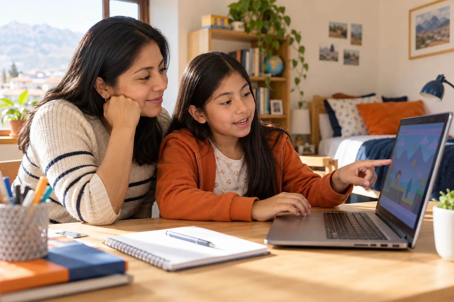 Escena referencial de una madre y su hija explorando programación en casa.