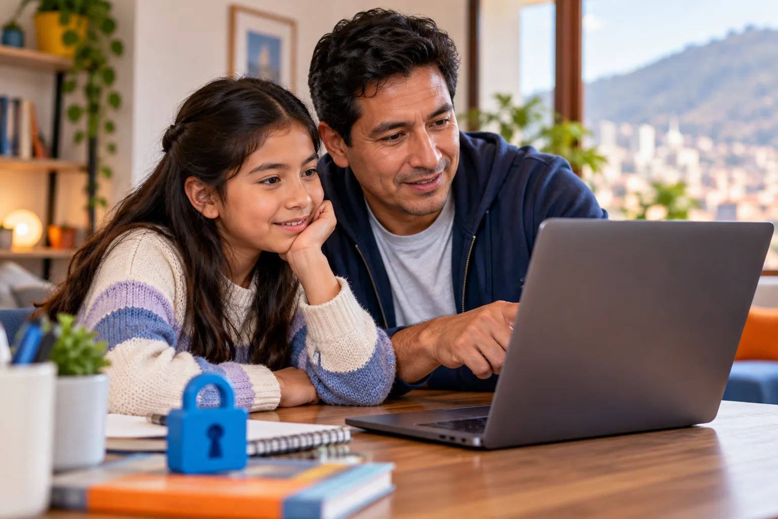 Escena referencial de un padre acompañando a su hija en el uso de una plataforma digital.
